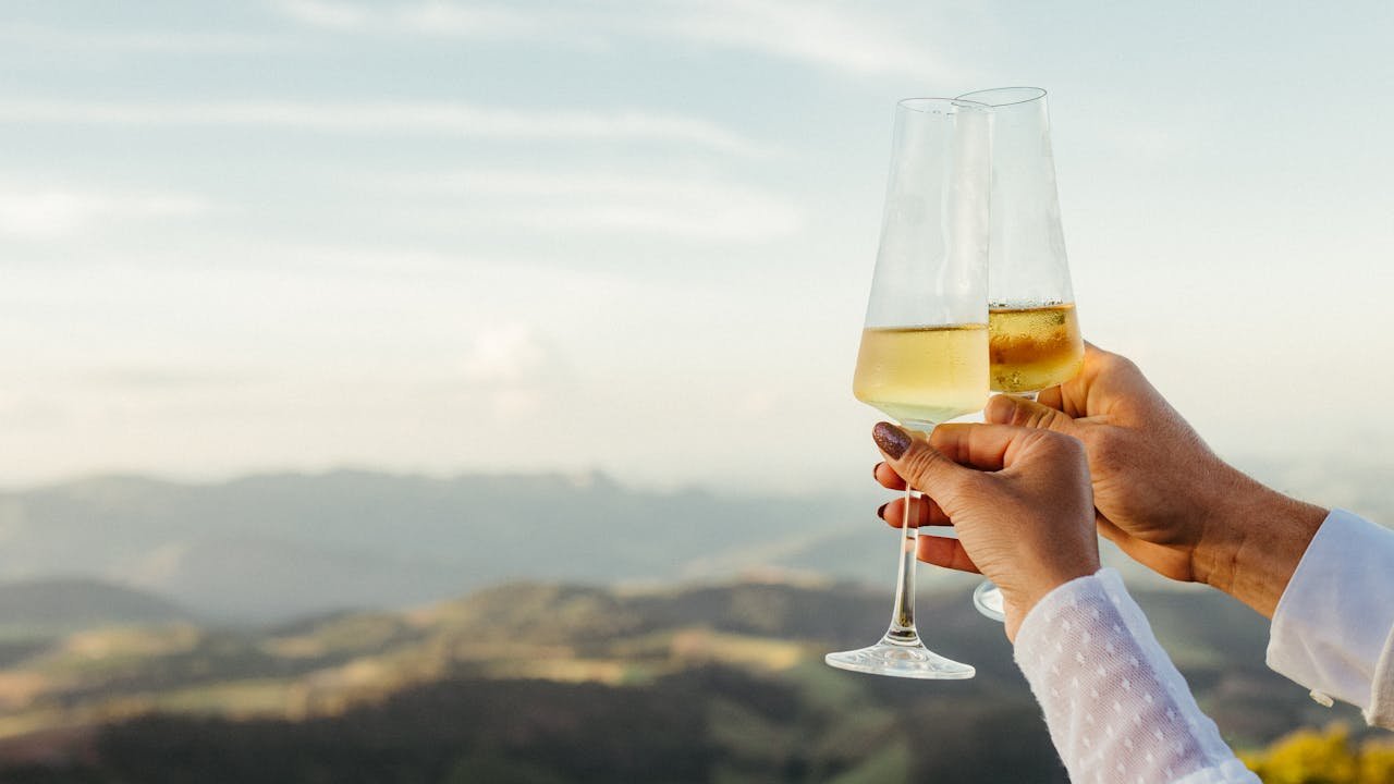 A couple enjoying wine on vacation