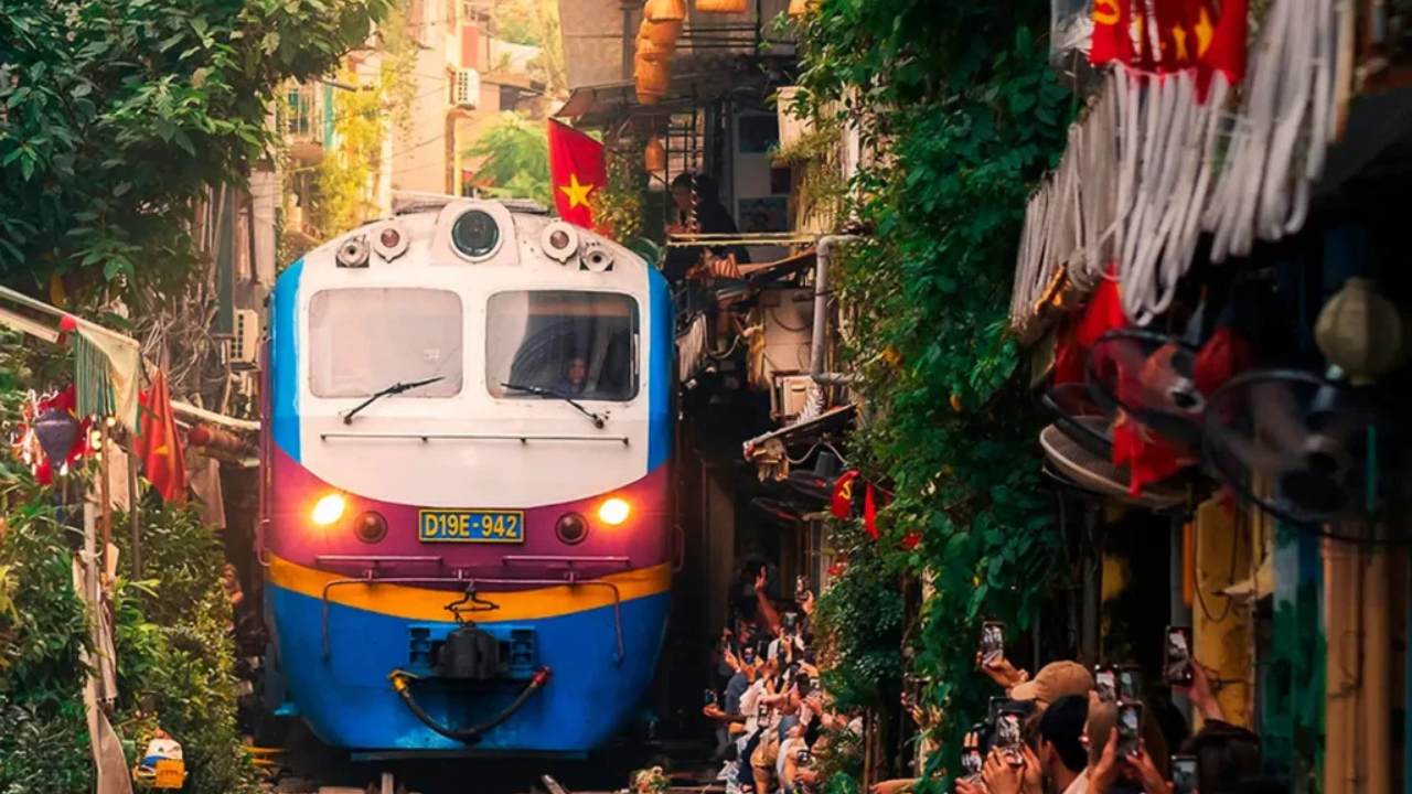 A train going through a city